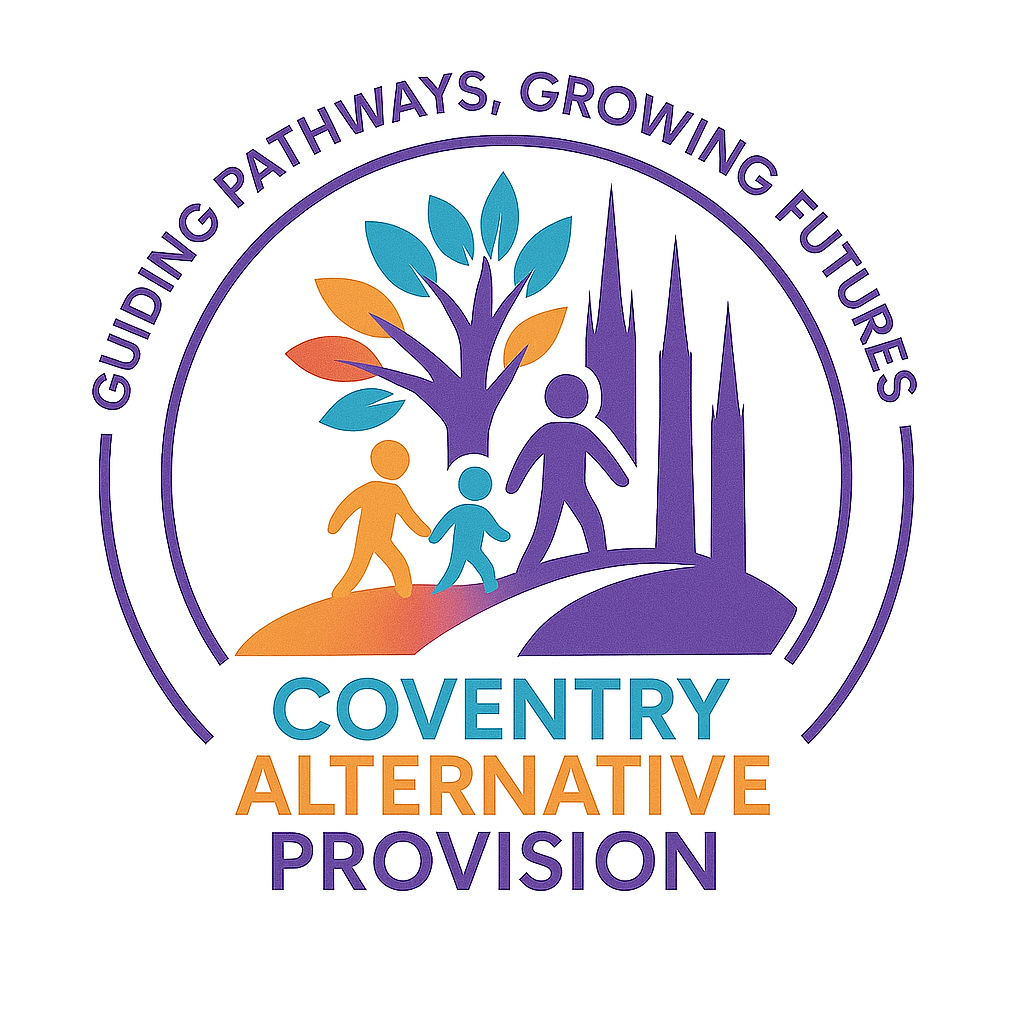 A cartoon showing three silhouetted people walking together alongside a tree and some tall buildings. The text reads: "Coventry Alternative Provision, guiding pathways, growing futures."