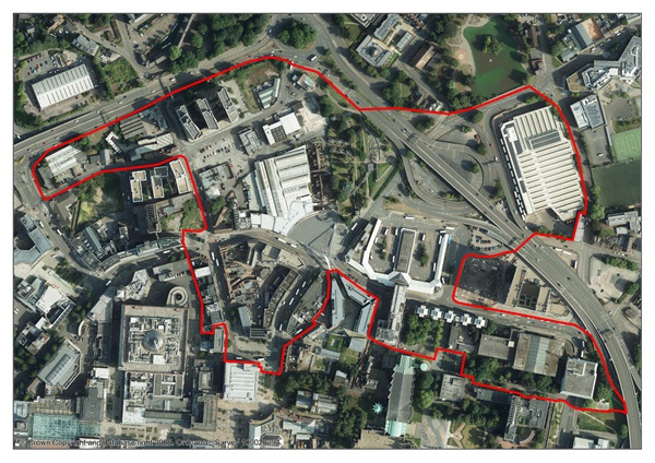 City centre north overhead image with red line