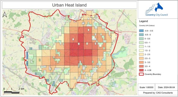 Urban heat island map for Coventry